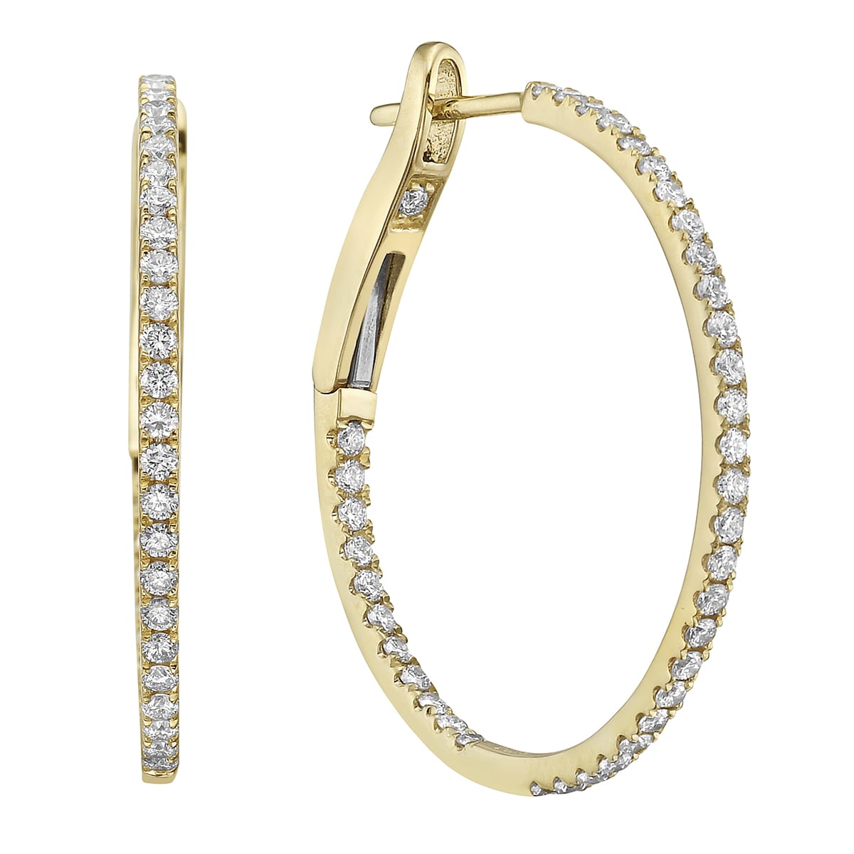 14K Yellow Gold Inside and Out Diamond Hoop Earrings, 1 Inch, 0.65ct