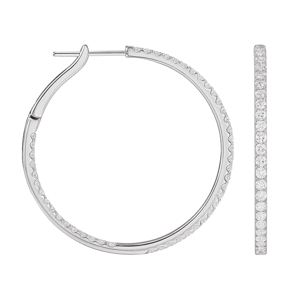 14K White Gold Inside and Out Diamond Hoop Earrings, 1.25 Inch, 0.82ct
