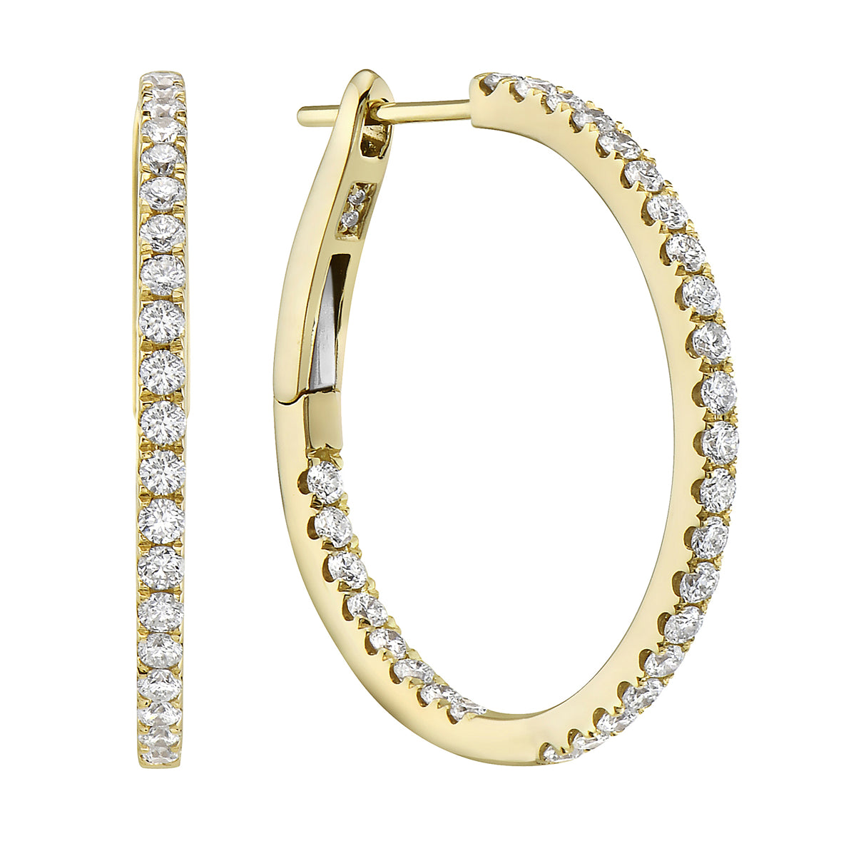 14K Yellow Gold Inside and Out Diamond Hoop Earrings, 1 Inch, 1.02ct