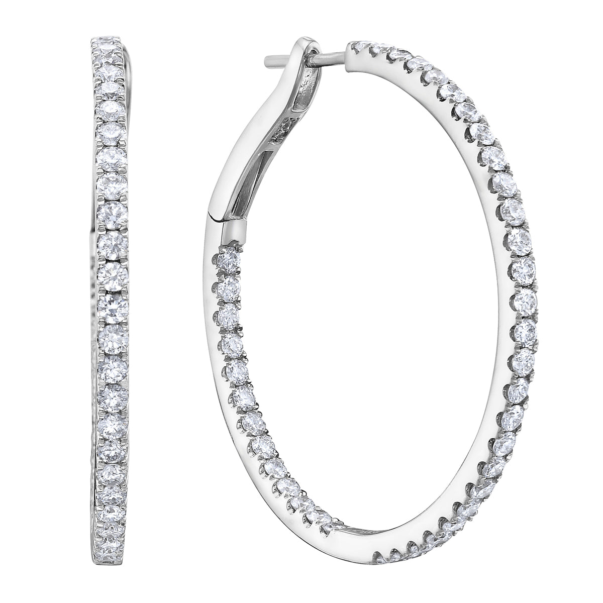 14K White Gold Inside and Out Diamond Hoop Earrings, 1.25 Inch, 1.41ct