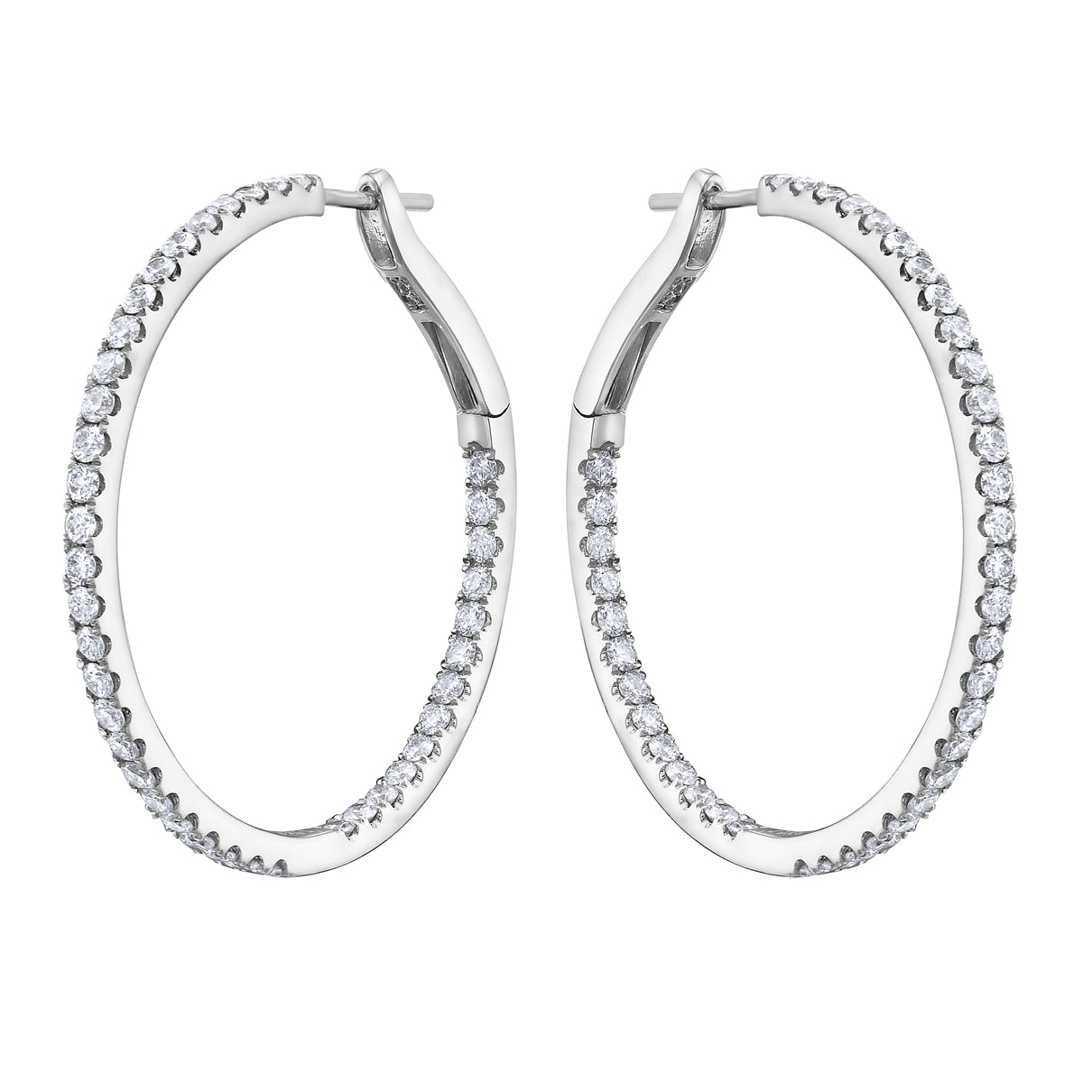 14K White Gold Inside and Out Diamond Hoop Earrings, 1.25 Inch, 1.41ct