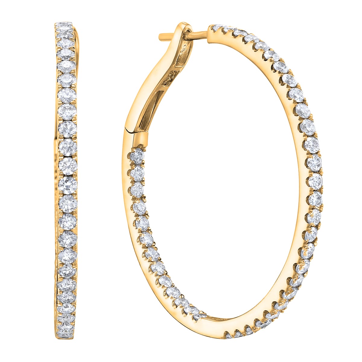 14K Yellow Gold Insdie and Out Diamond Hoop Earrings, 1.25 Inch, 1.41ct