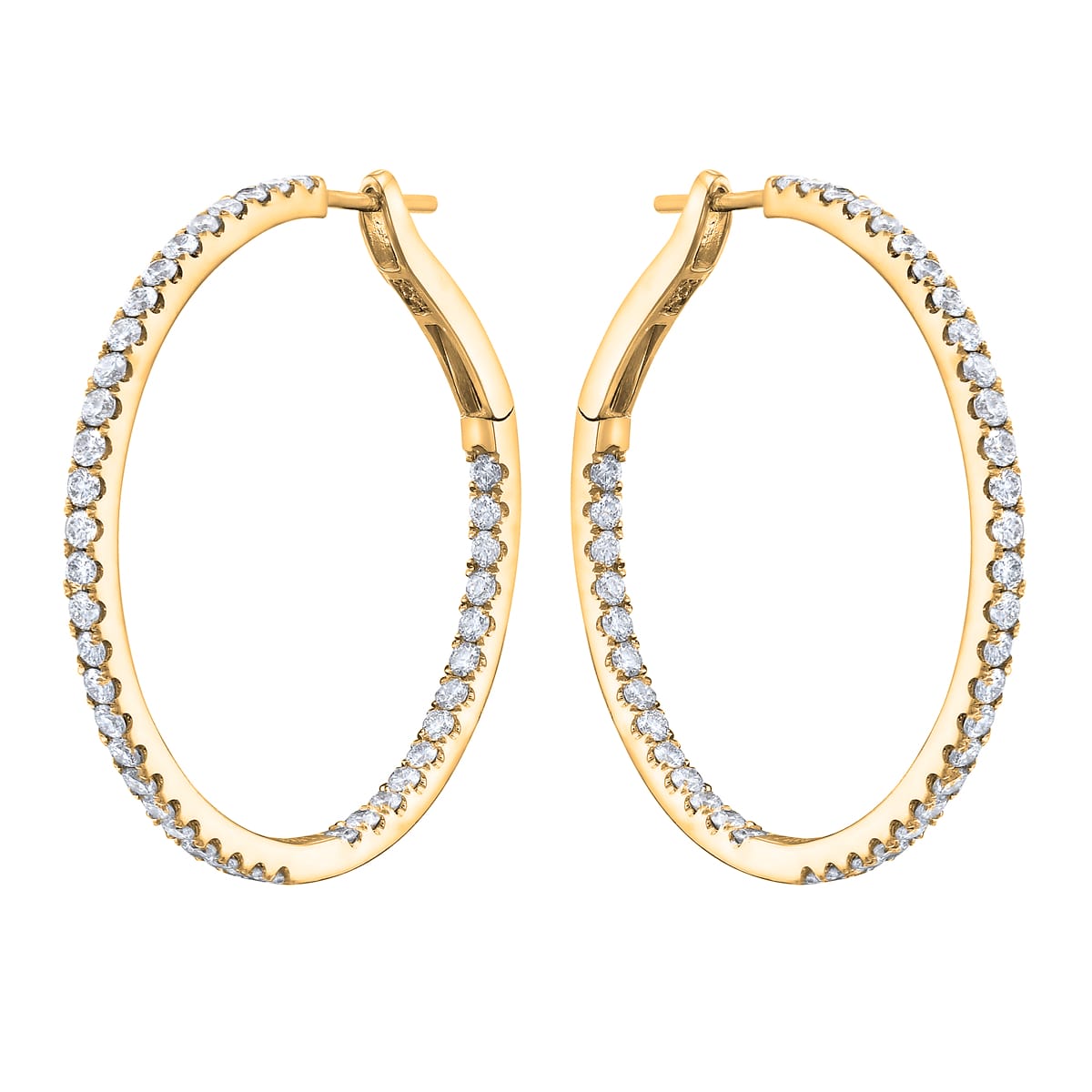14K Yellow Gold Insdie and Out Diamond Hoop Earrings, 1.25 Inch, 1.41ct