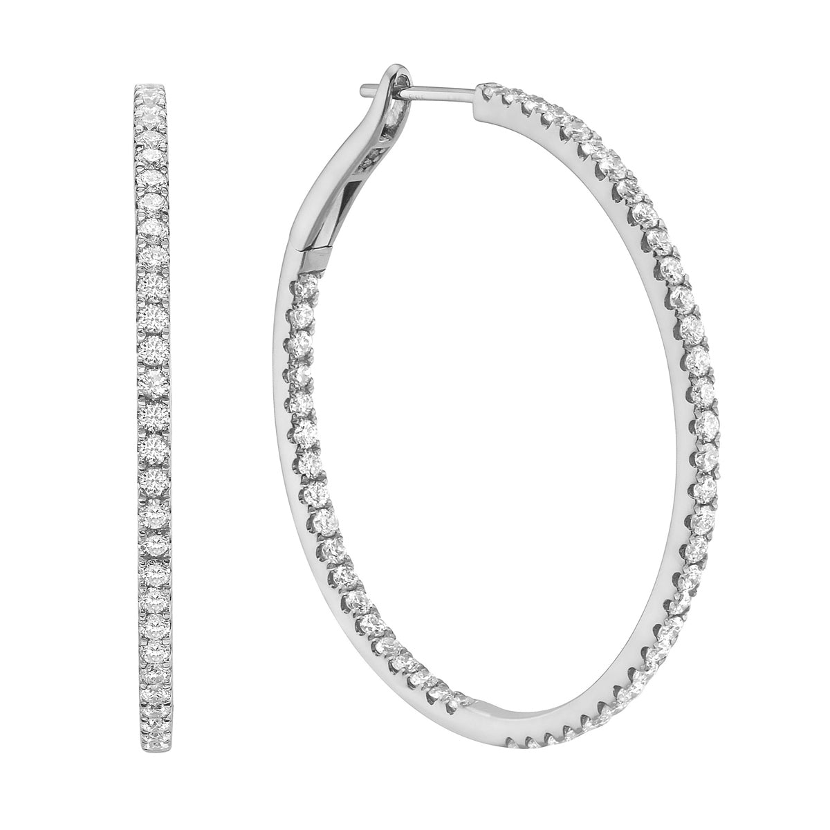 14K White Gold Inside and Out Diamond Hoop Earrings, 1.5 Inch, 1.76ct