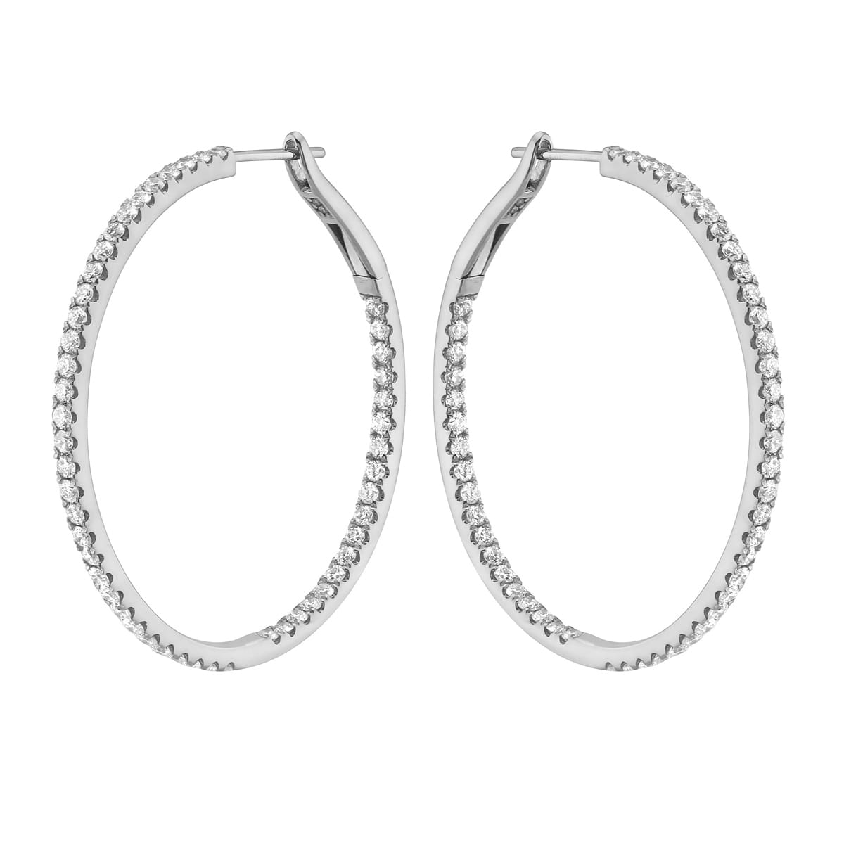14K White Gold Inside and Out Diamond Hoop Earrings, 1.5 Inch, 1.76ct