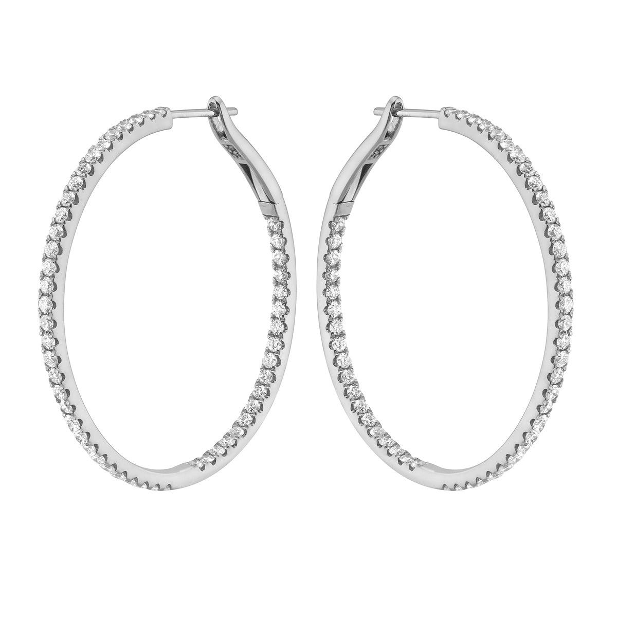 14K White Gold Inside and Out Diamond Hoop Earrings, 1.5 Inch, 1.76ct