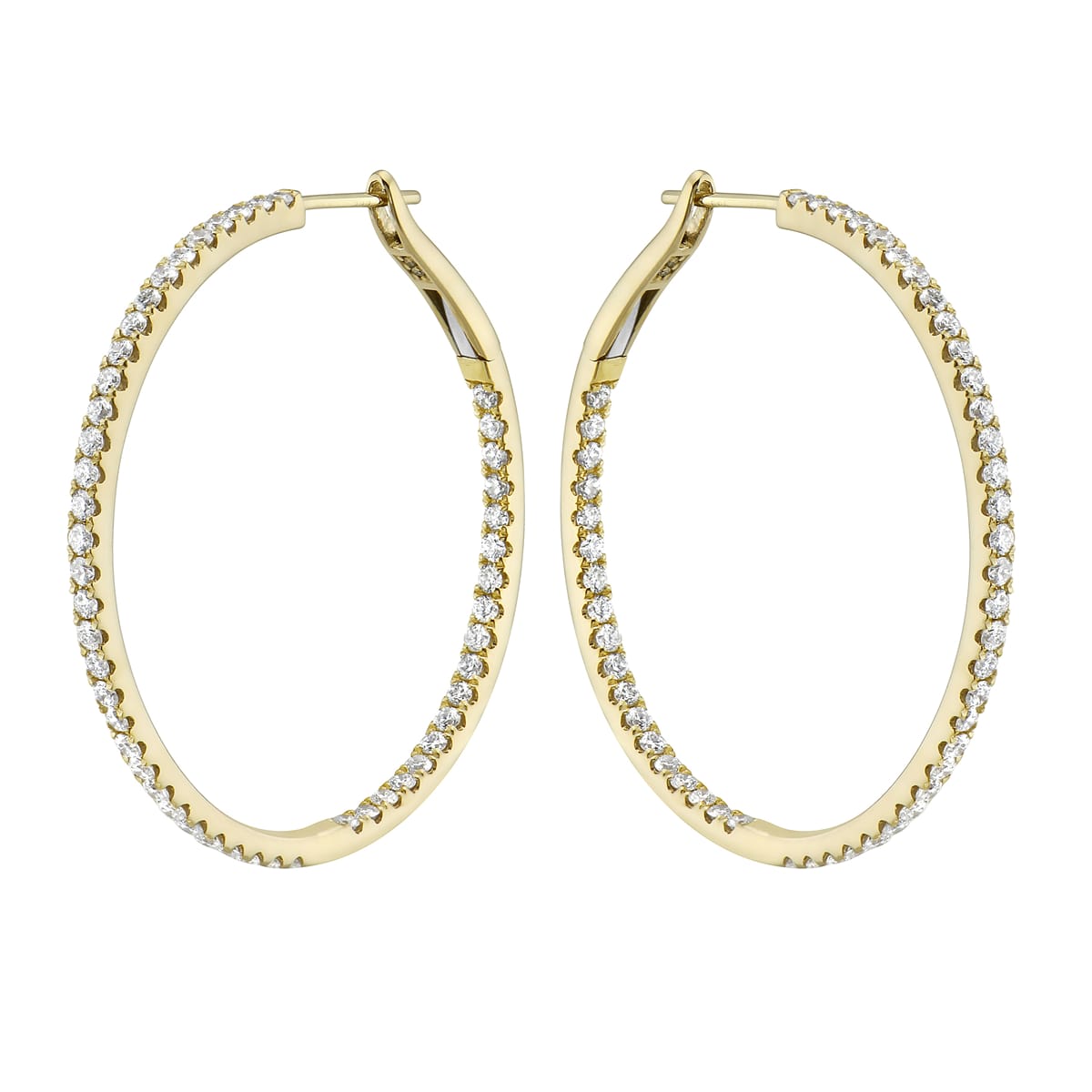 14K Yellow Gold Insdie and Out Diamond Hoop Earrings, 1.5 Inch, 1.76ct