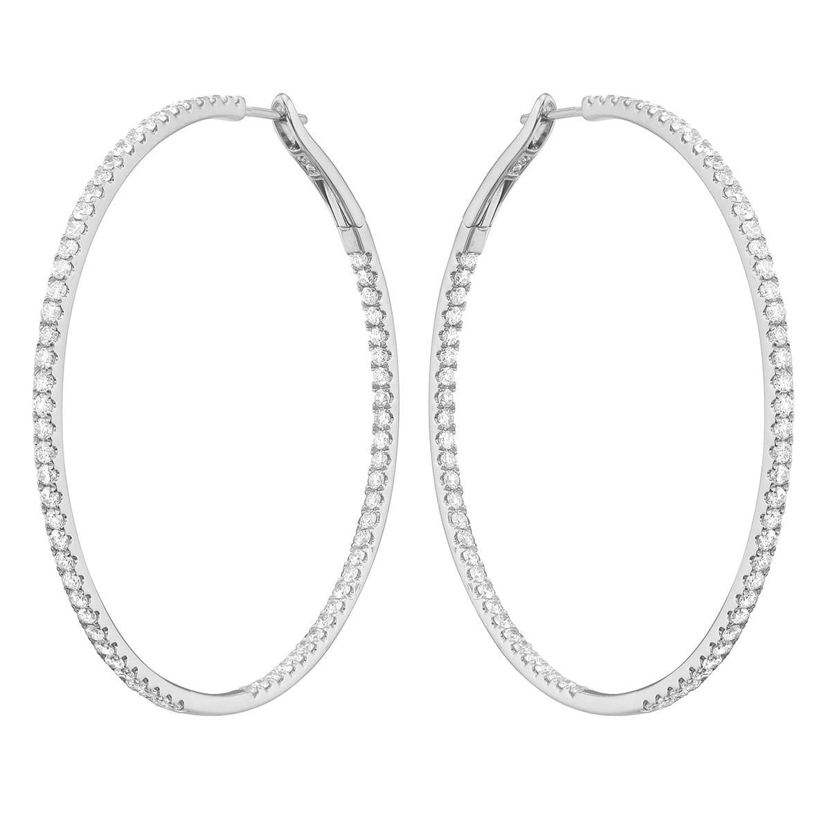 14K White Gold Inside and Out Diamond Hoop Earrings, 2 Inch, 2.3ct