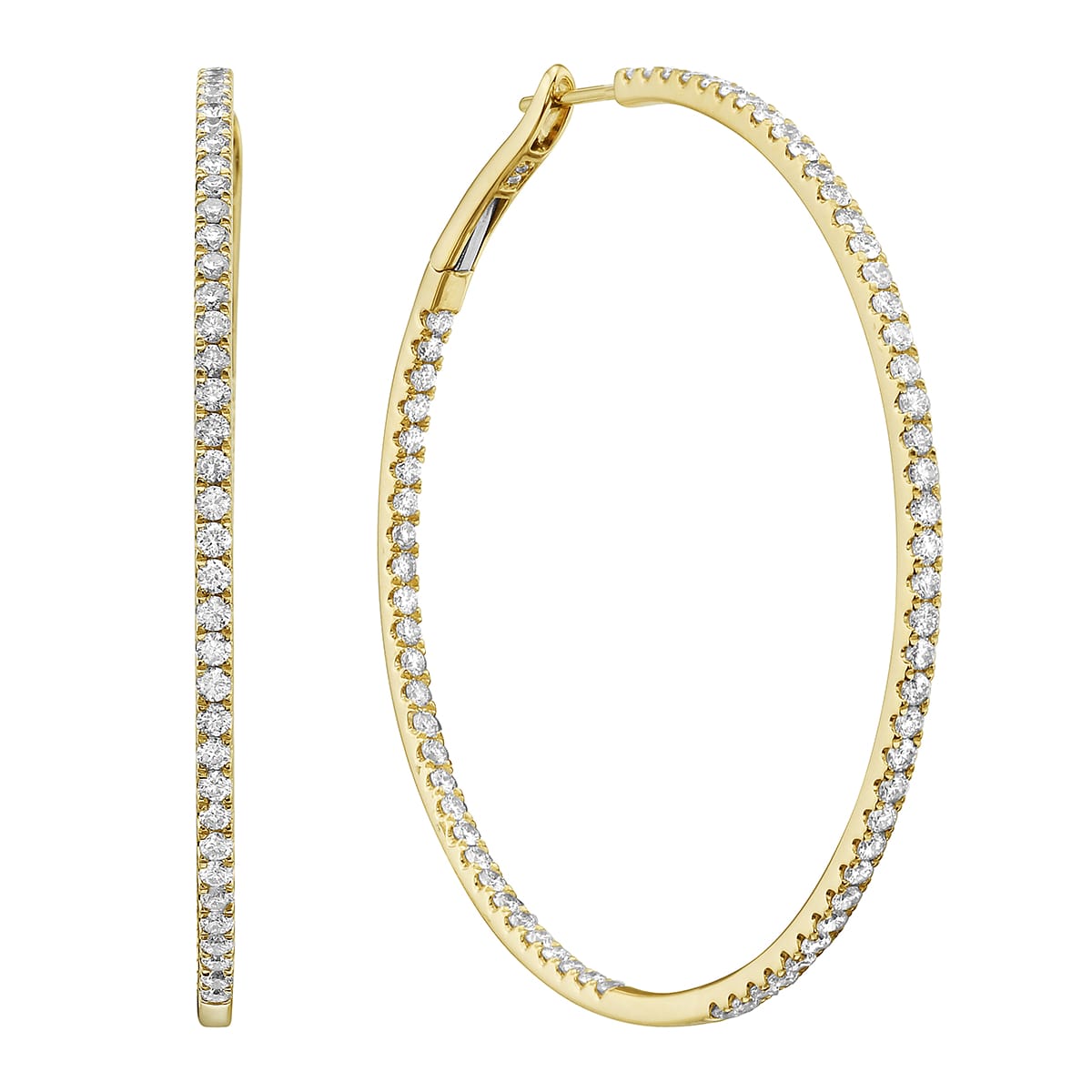 14K Yellow Gold Insdie and Out Diamond Hoop Earrings, 2 Inch, 2.3ct