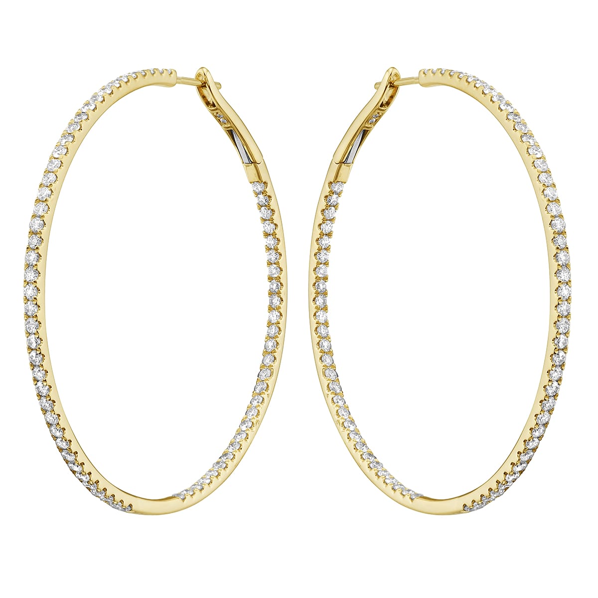 14K Yellow Gold Insdie and Out Diamond Hoop Earrings, 2 Inch, 2.3ct