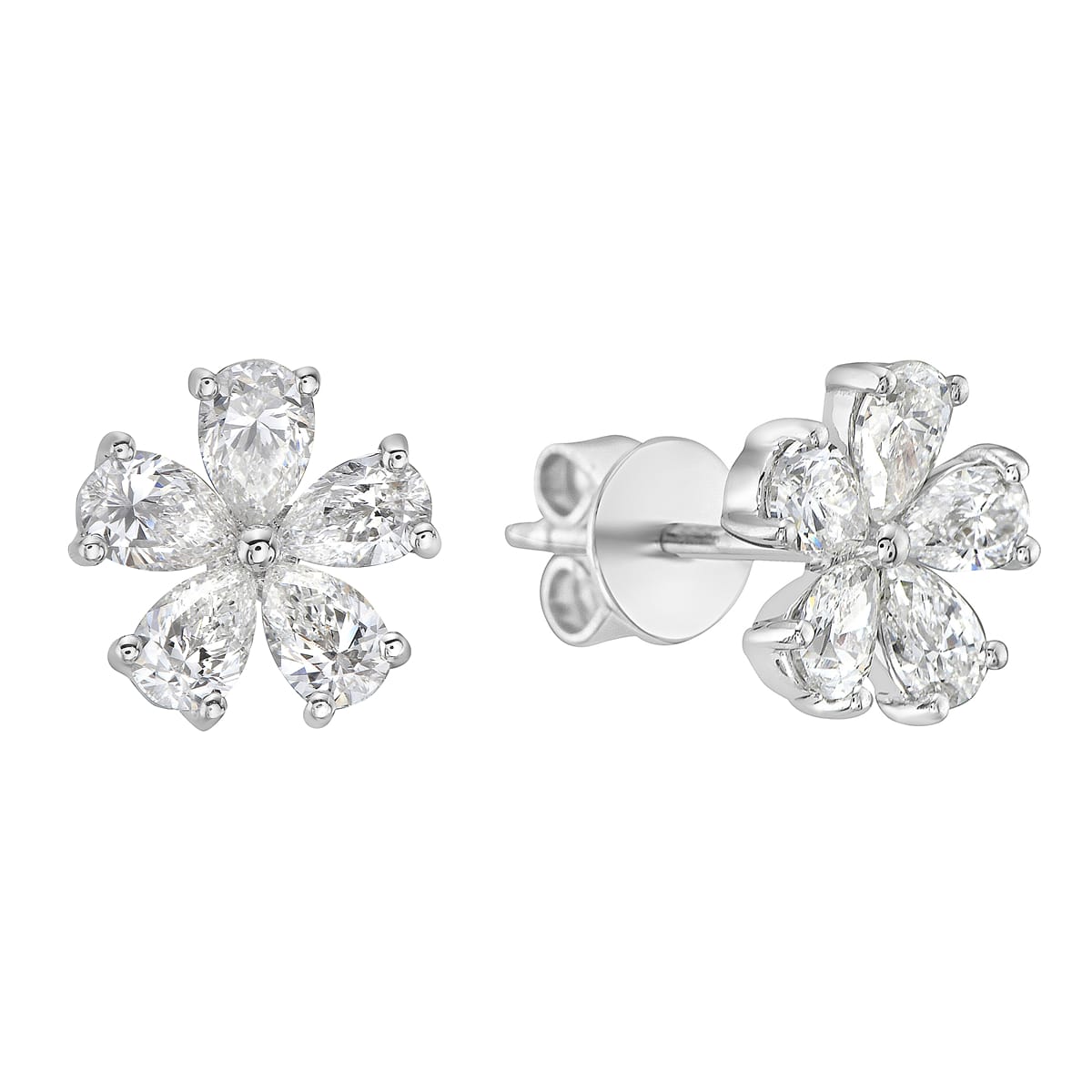 14K White Gold Five Pear Shape Diamond Flower Studs, 0.89ct