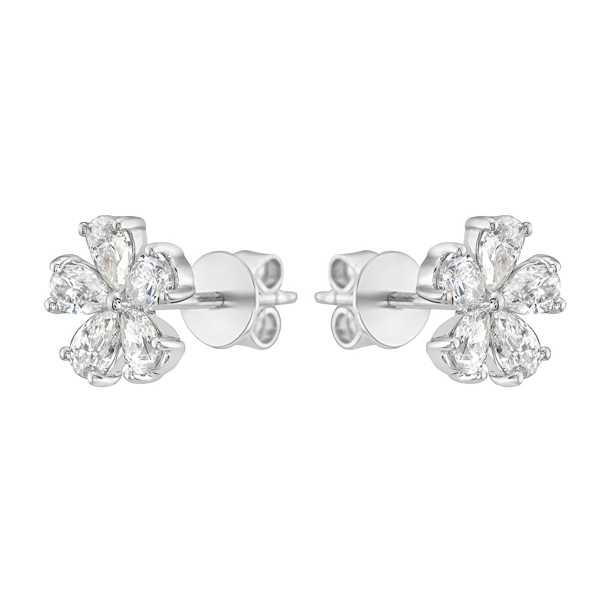 14K White Gold Five Pear Shape Diamond Flower Studs, 0.89ct