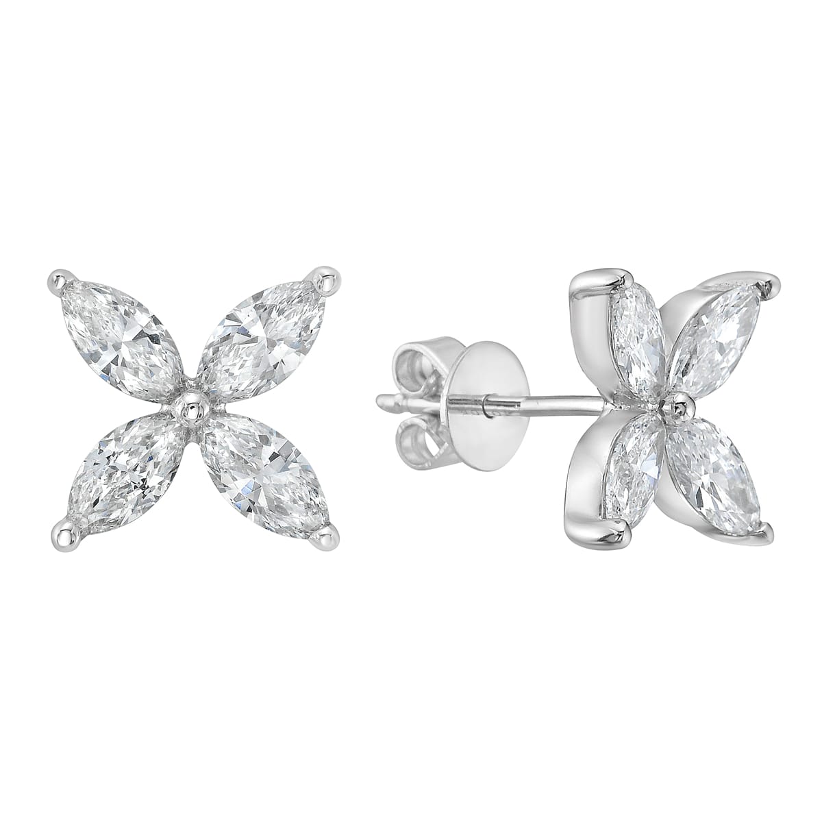 14K White Gold Marquise Diamond Flower Studs, 1.34ct