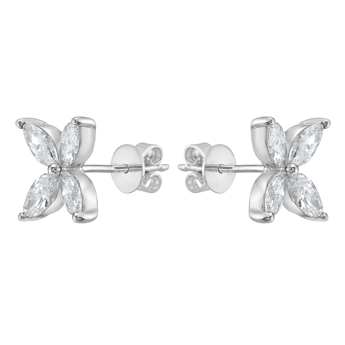 14K White Gold Marquise Diamond Flower Studs, 1.34ct