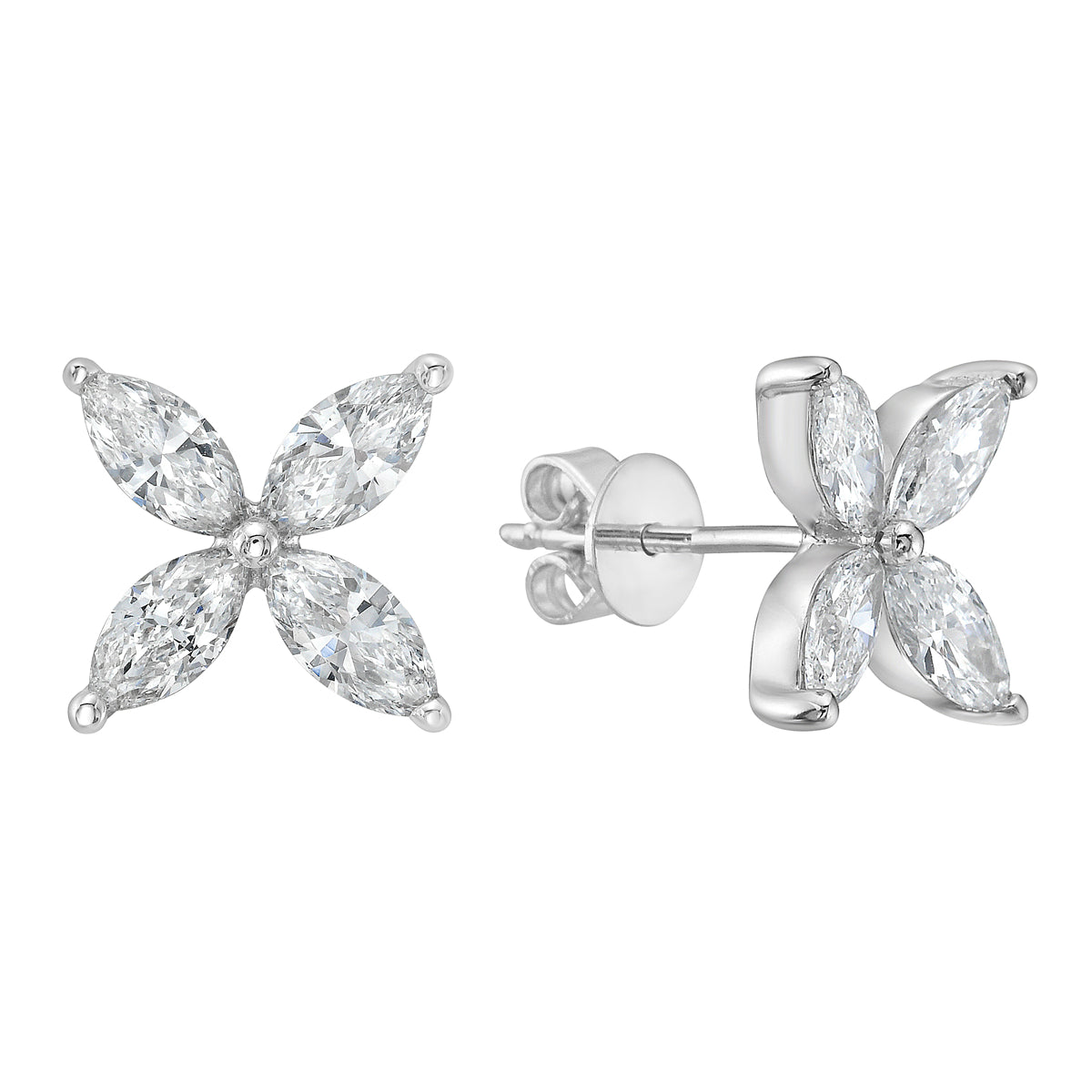 14K White Gold Marquise Diamond Flower Studs, 1.34ct