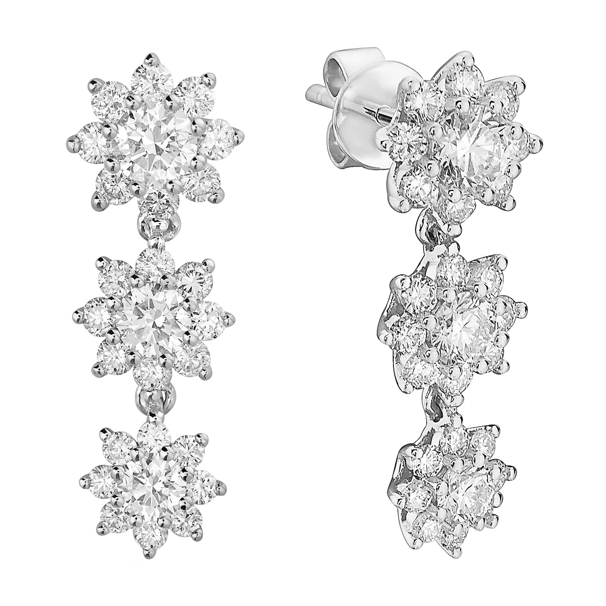 14K White Gold Diamond Flower Cluster Earrings