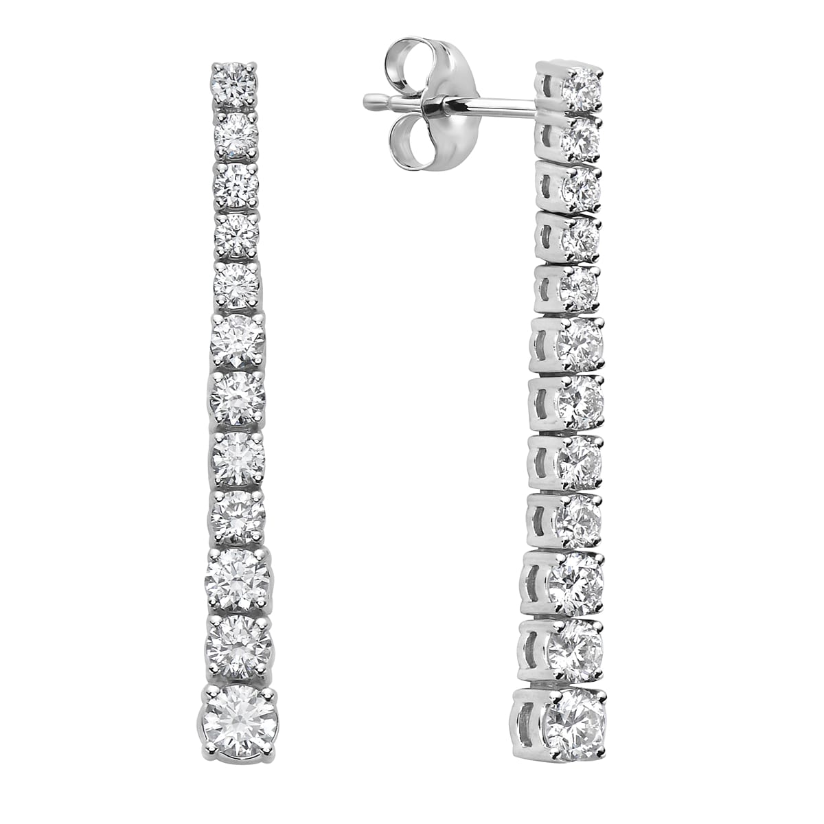 14K White Gold Single Row Drop Diamond Earrings, 1.52ct