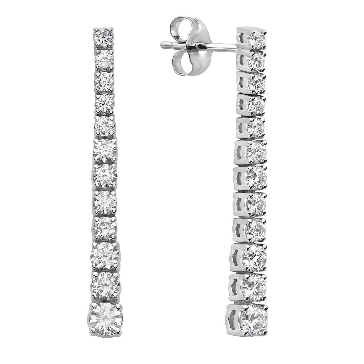 14K White Gold Single Row Drop Diamond Earrings, 1.52ct