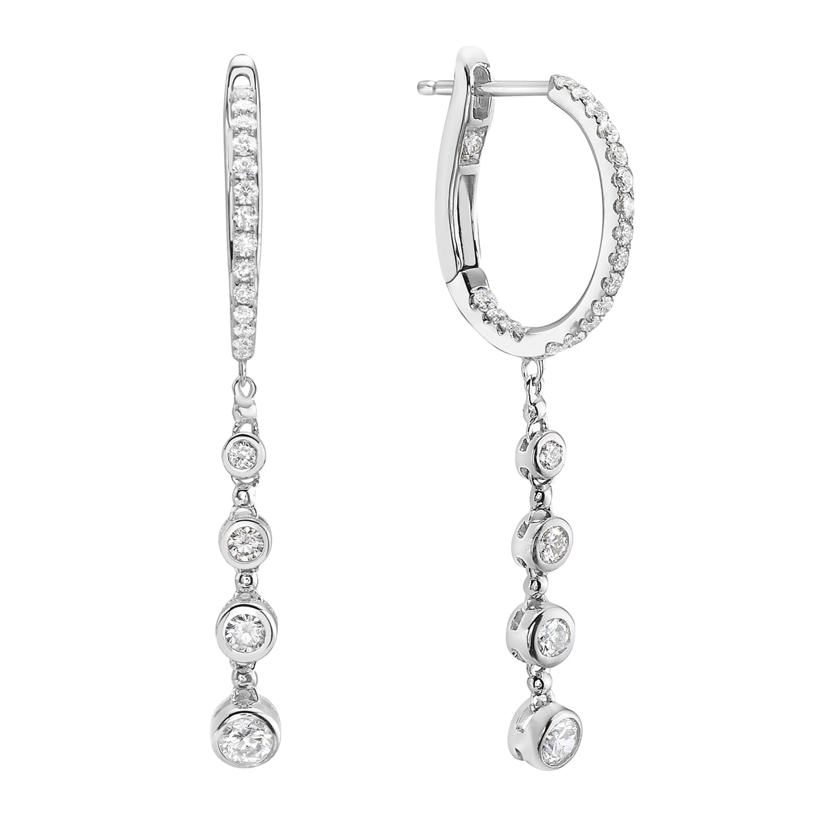 14K White Gold Bezel Set Diamond Dangle Hoop Earrings, 0.86ct