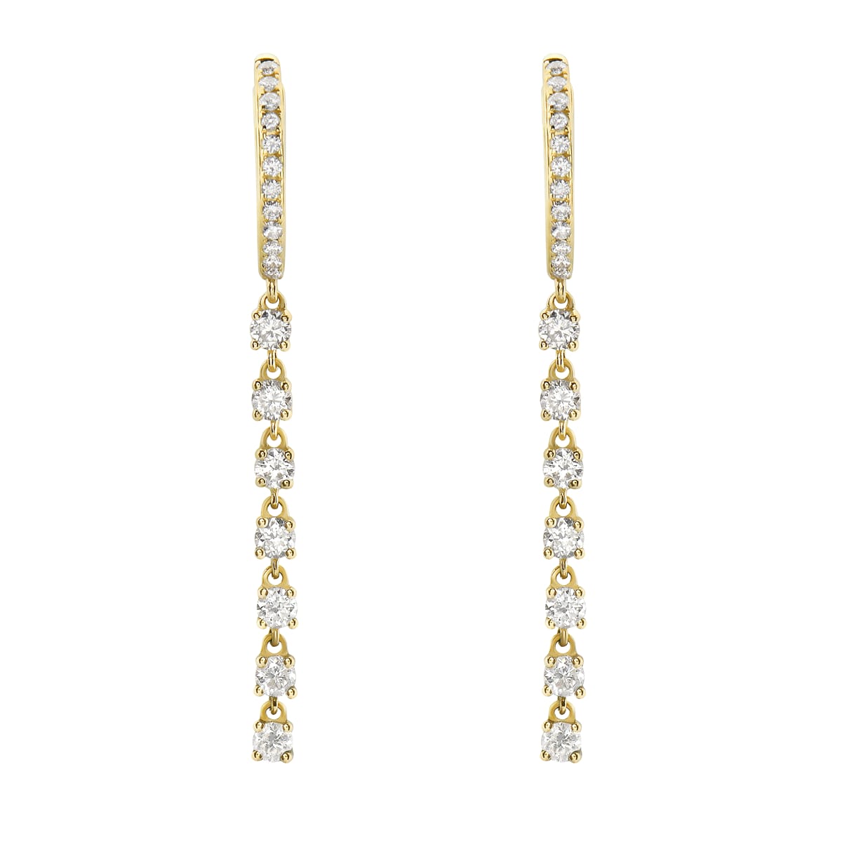 Yellow Gold Round Diamond Hoop Dangle Earrings, 0.93ct