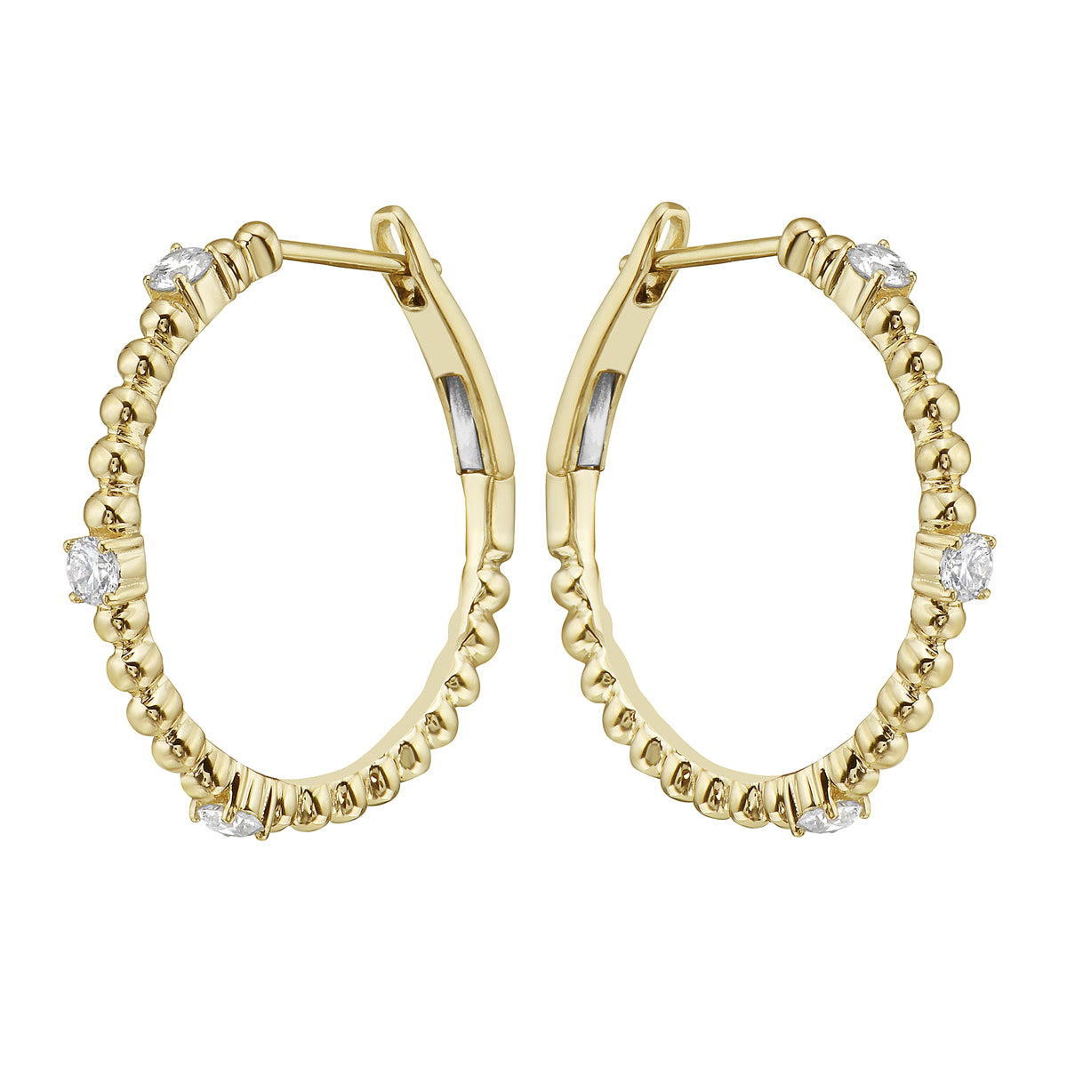 Yellow Gold Bead Ball Diamond Hoop Earrings, 0.53ct
