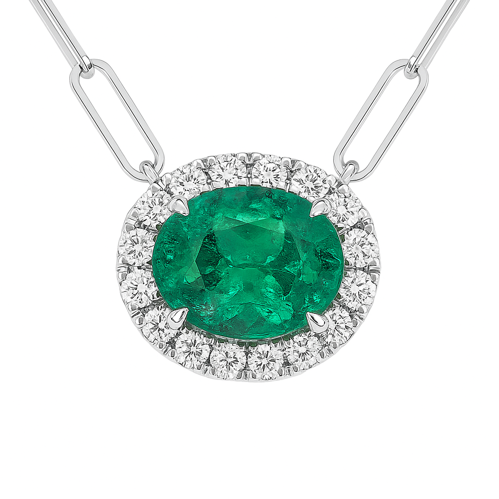 Handmade 14K White Gold Green Emerald Necklace, 2.65ct