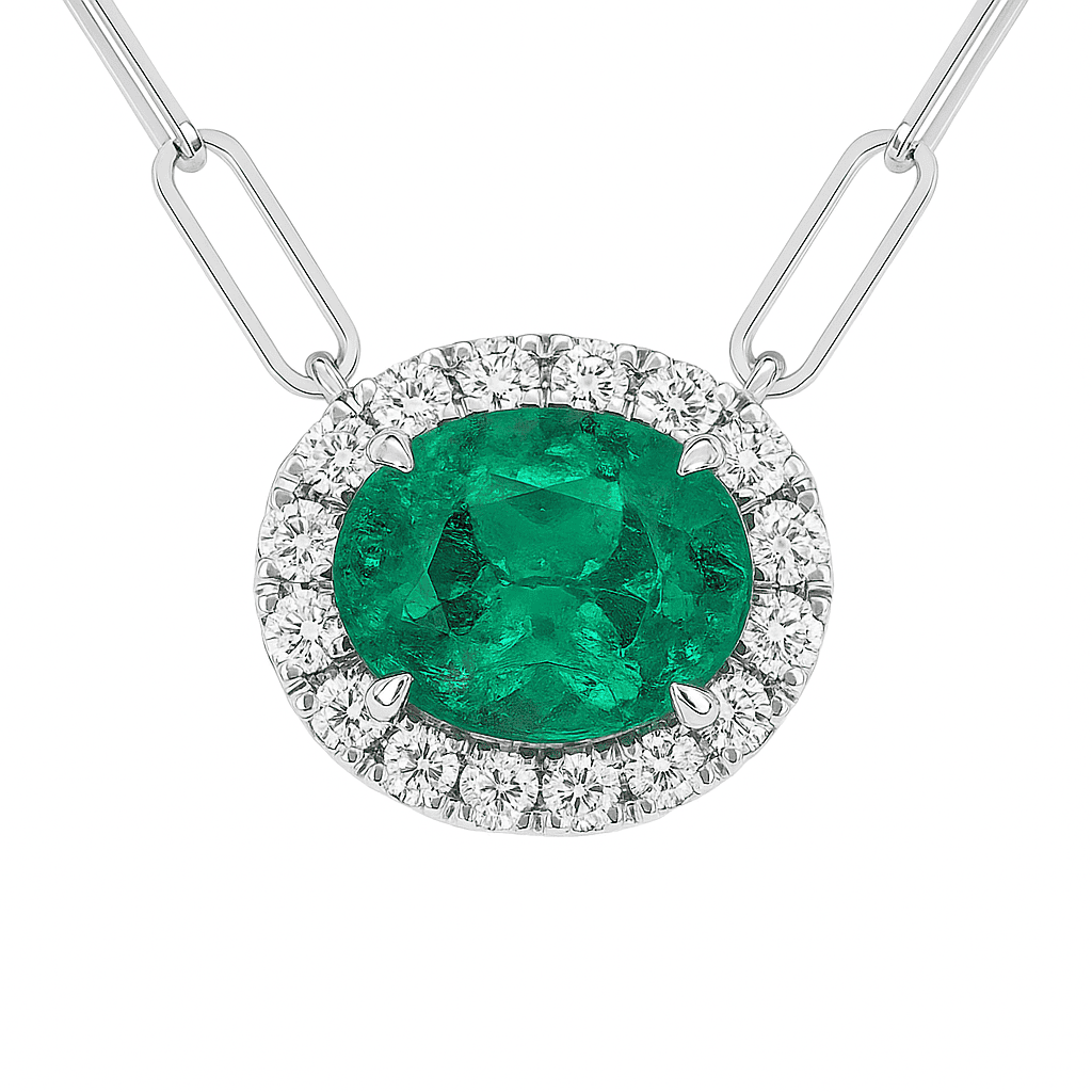 Handmade 14K White Gold Green Emerald Necklace, 2.65ct