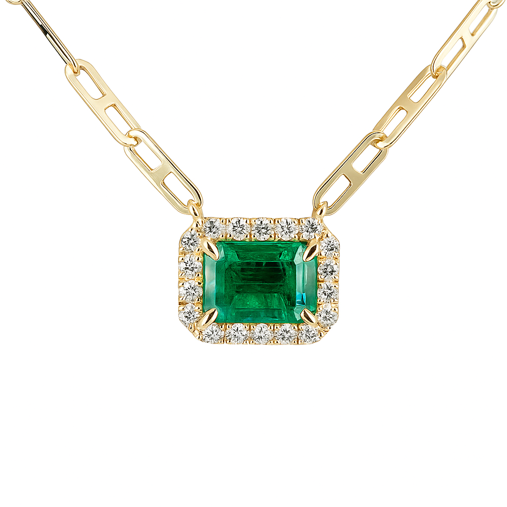 Handmade 14K Yellow Gold Green Emerald Necklace, 0.88ct