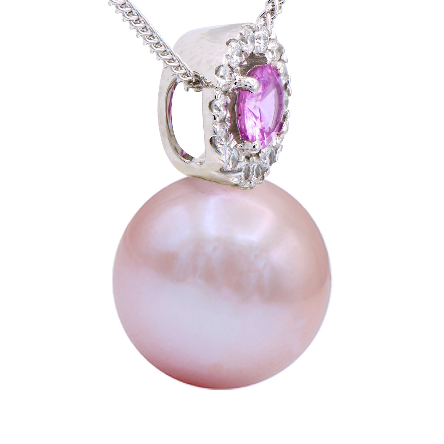 14K White Gold Pink Sapphire Freshwater Pearl Pendant, 11-12mm, 0.15ct