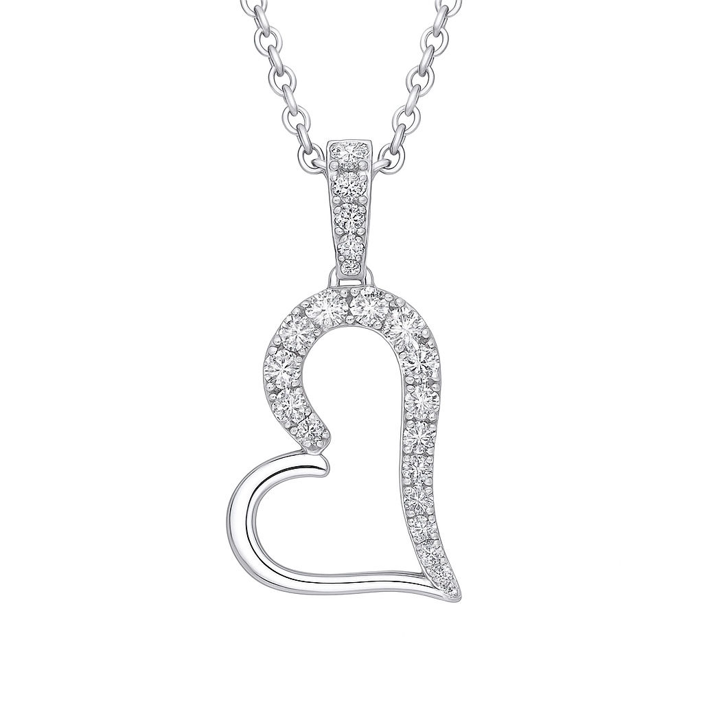 14K White Gold Half-Diamond Heart Pendant, 0.24ct