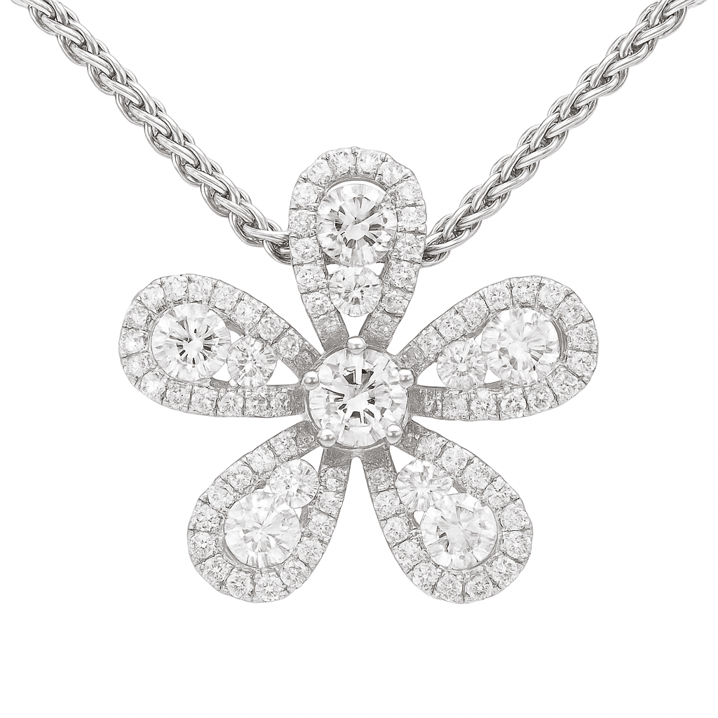 14K White Gold Five Petal Flower Diamond Pendant, 0.54ct