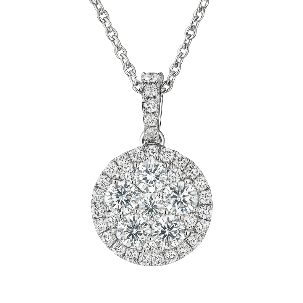 14K White Gold Round Diamond Cluster Pendant, 1.2ct