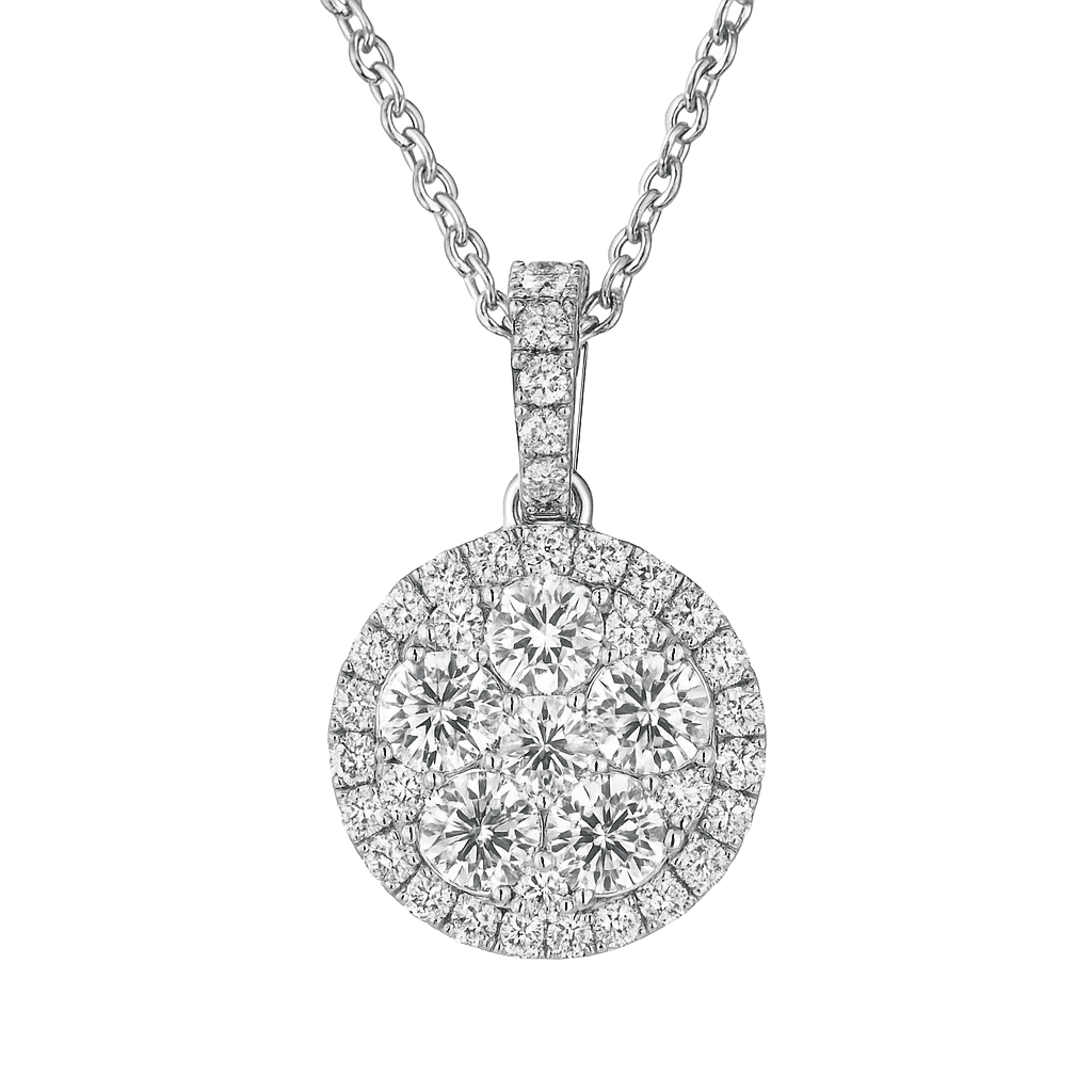 14K White Gold Round Diamond Cluster Pendant, 1.2ct
