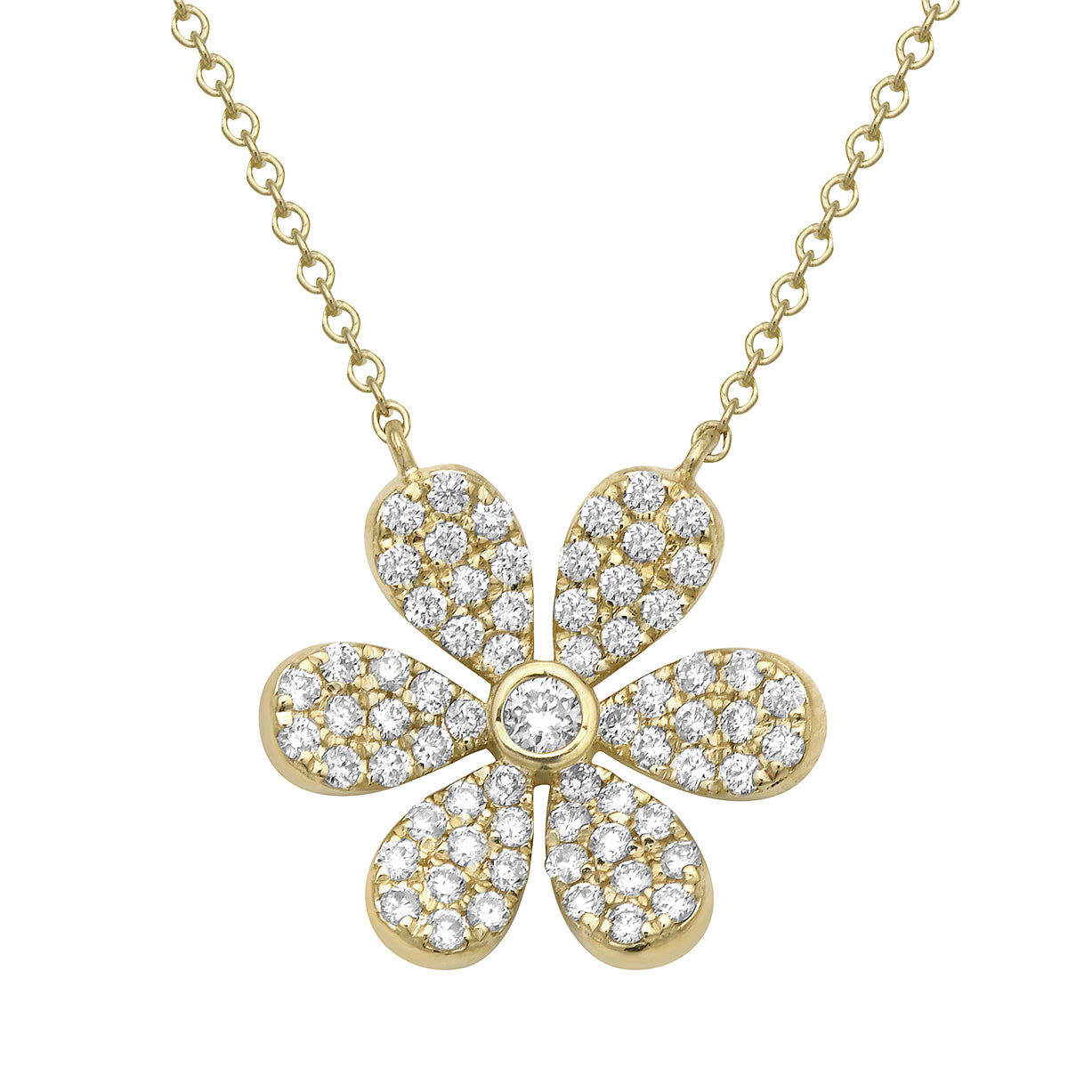 14K Yellow Gold Six Petal Diamond Flower Pendant