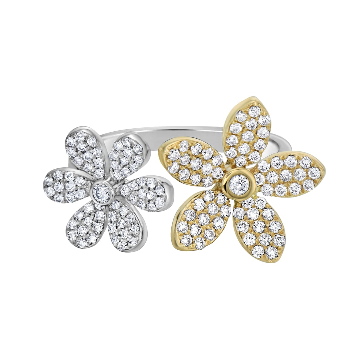 14K White Gold Double Diamond Flower Ring, 0.57ct