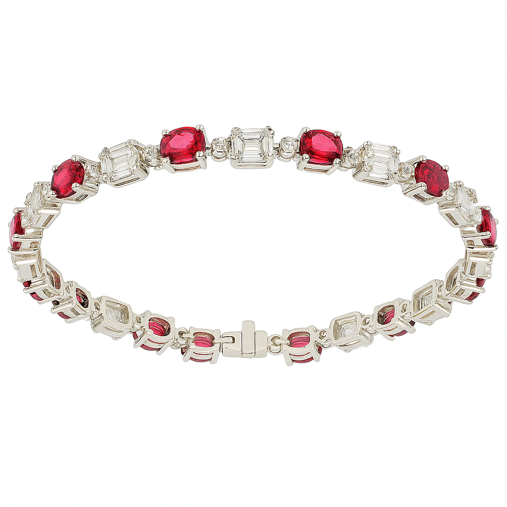 14K White Gold Ruby Oval and Illusion Emerald Bracelet, 6.2ct