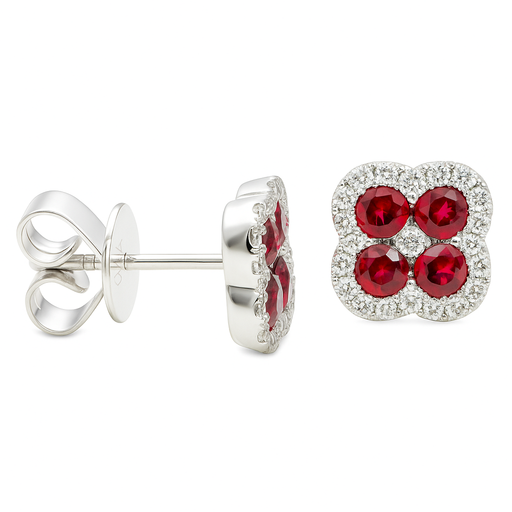 14K White Gold Clover Ruby and Diamond Earrings, 0.8ct