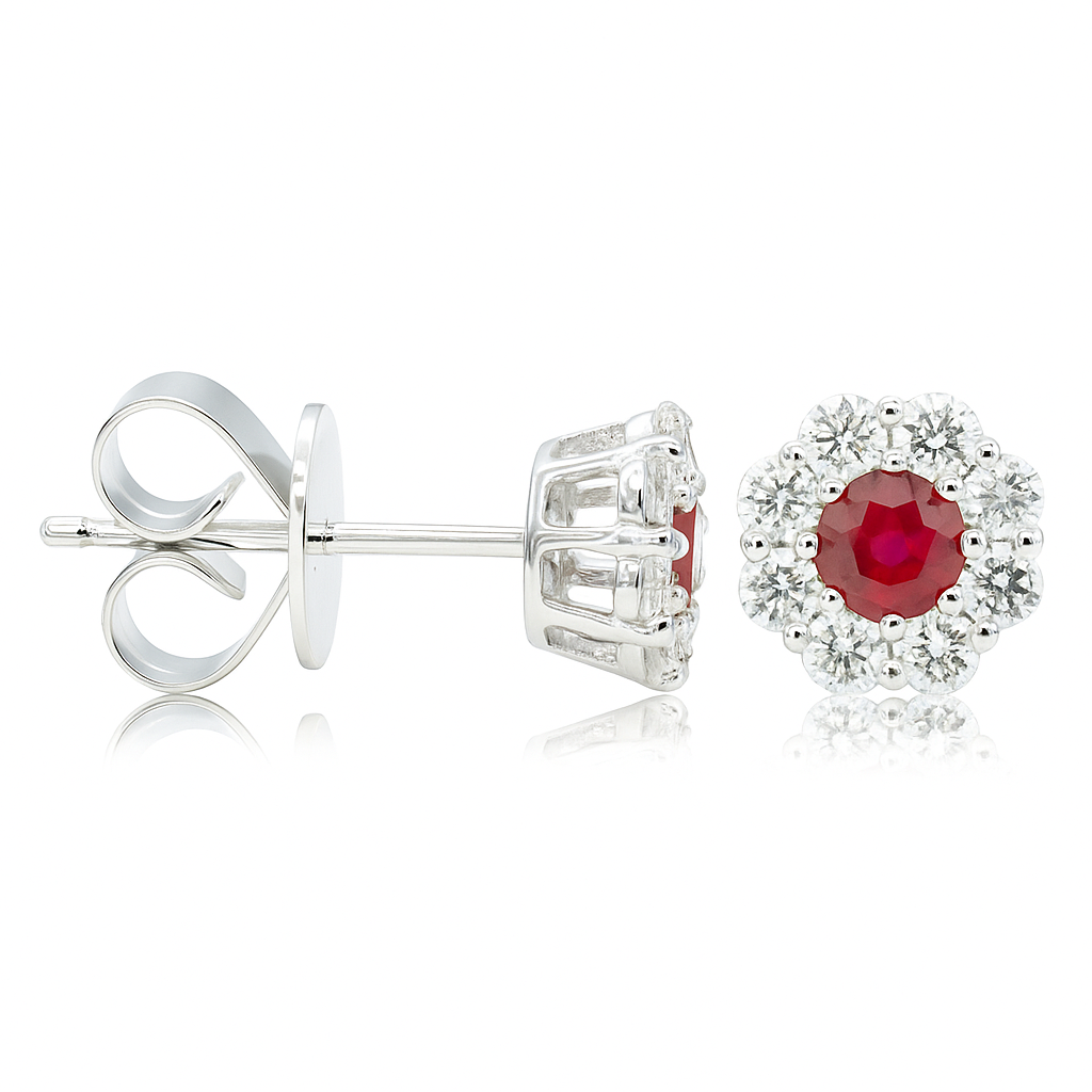 14K White Gold Small Ruby with Diamond Halo Earring, 0.24ct