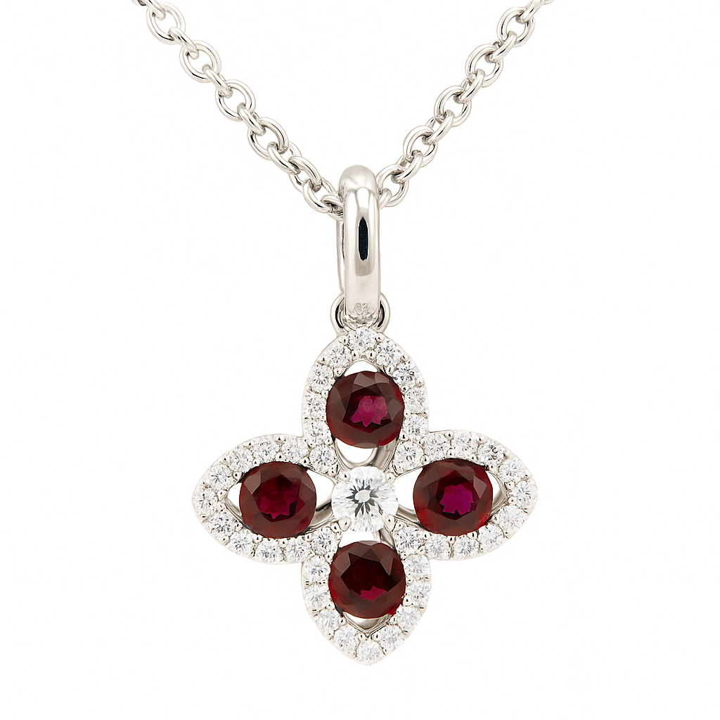 14K White Gold Ruby and Diamond Flower Pendant, 0.38ct