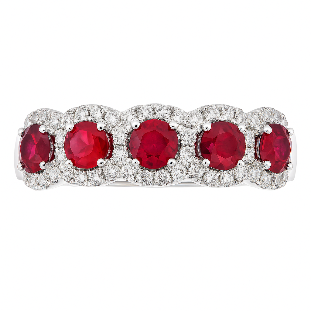 14K White Gold Ruby and Diamond Halo Band, 0.9ct