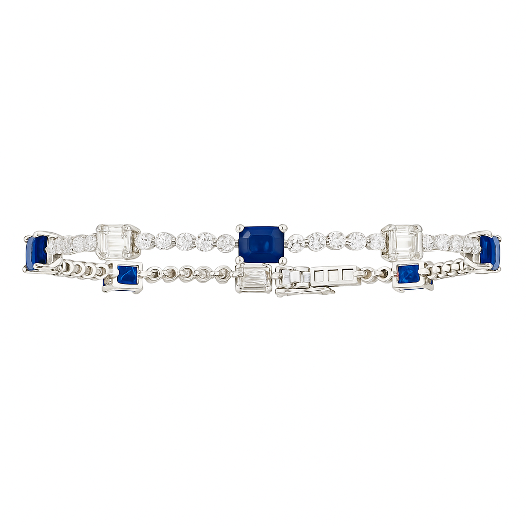 14K White Gold Emerald Cut Sapphire and Diamond Bracelet, 2.25ct