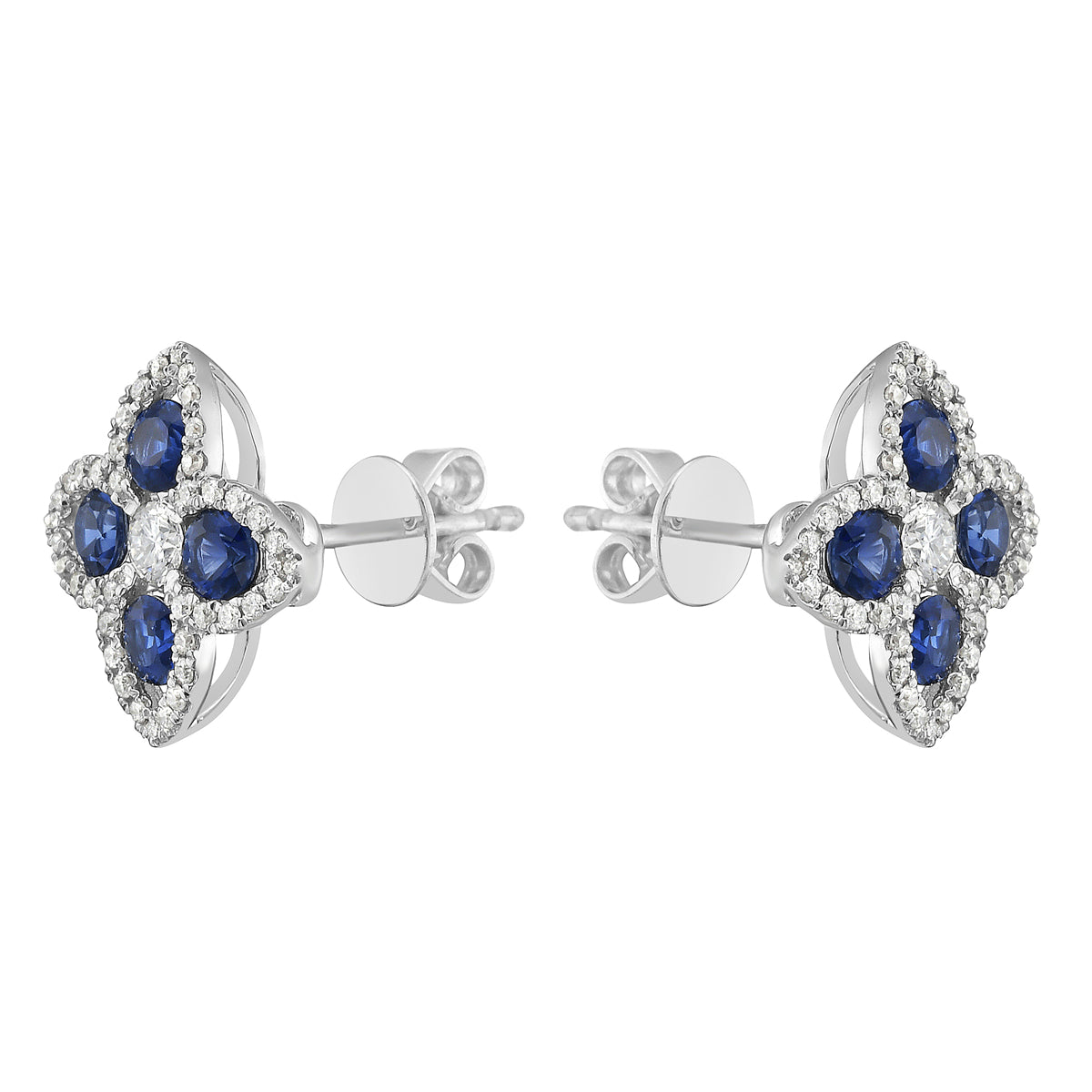 14K White Gold Sapphire and Diamond Flower Earrings, 0.78ct