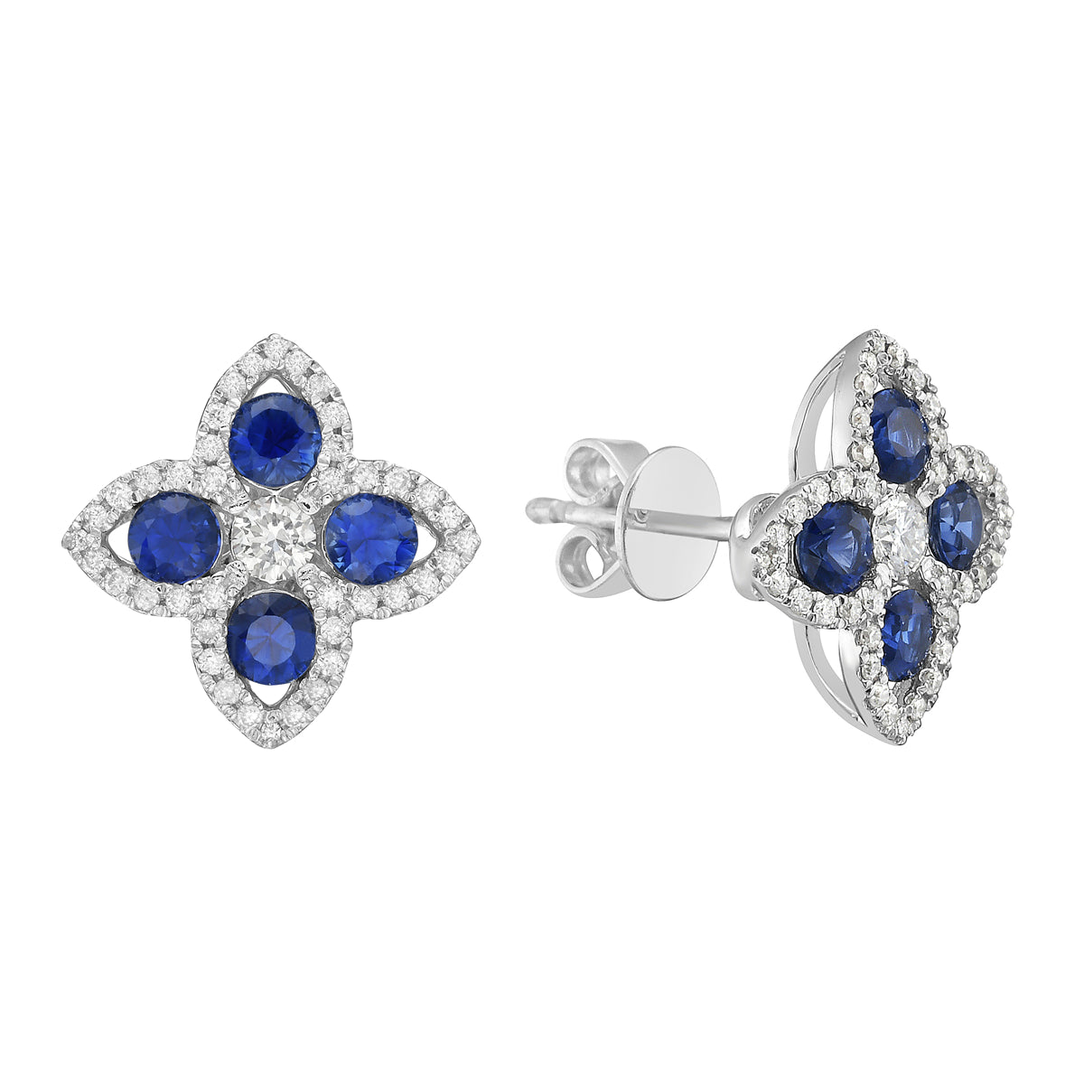 14K White Gold Sapphire and Diamond Flower Earrings, 0.78ct