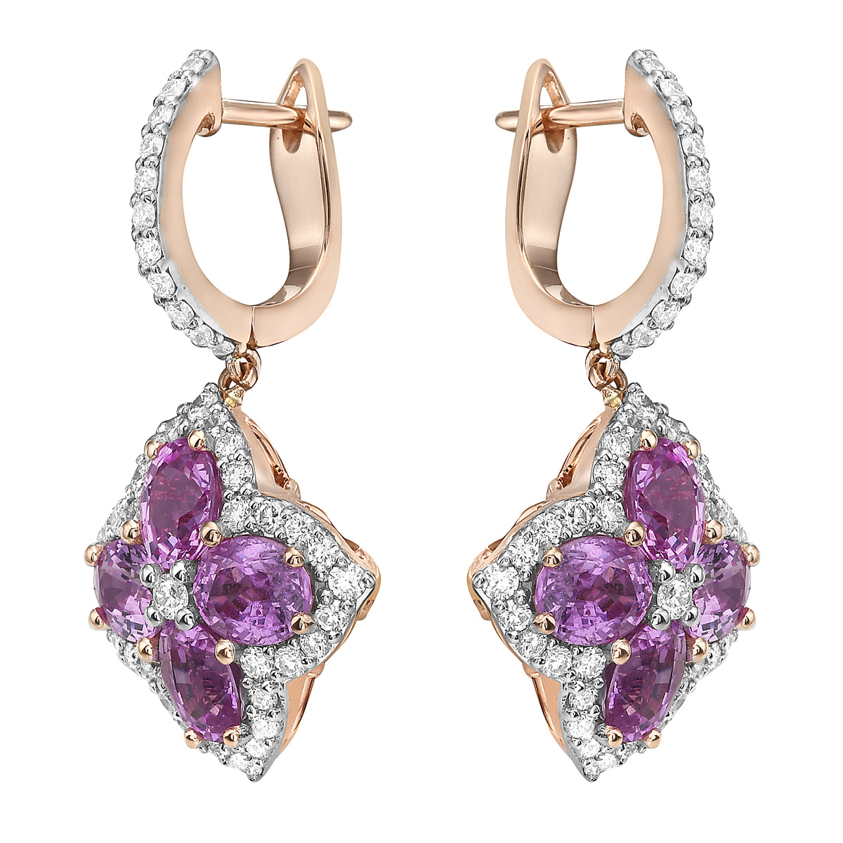 14K White Gold Diamond Clover and Pink Sapphire Earrings