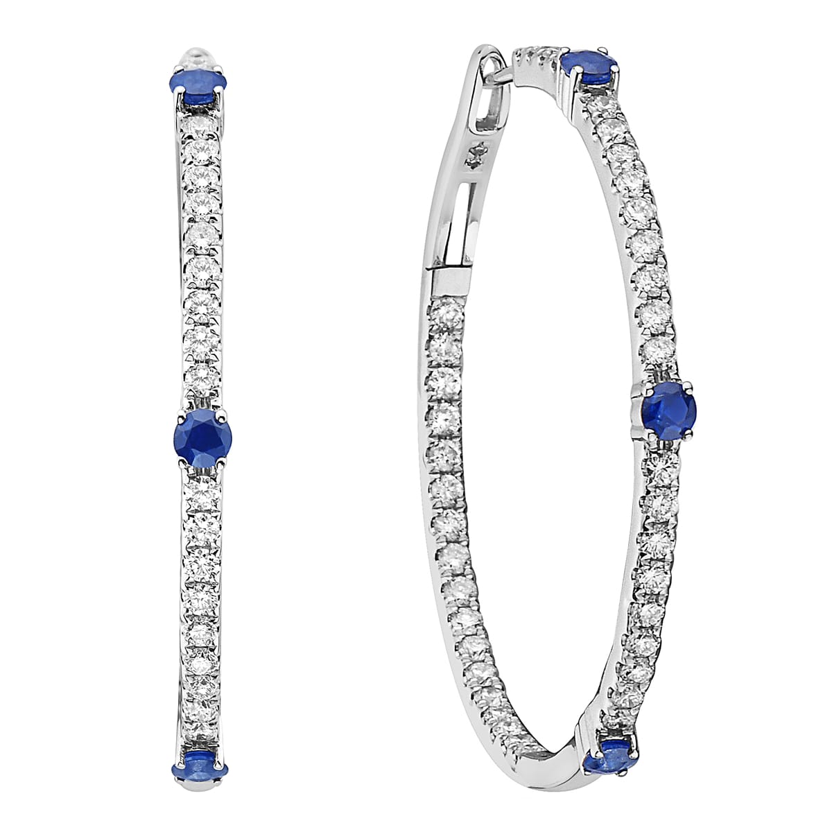18K White Gold Blue Sapphire Hoop Earrings, 0.7ct