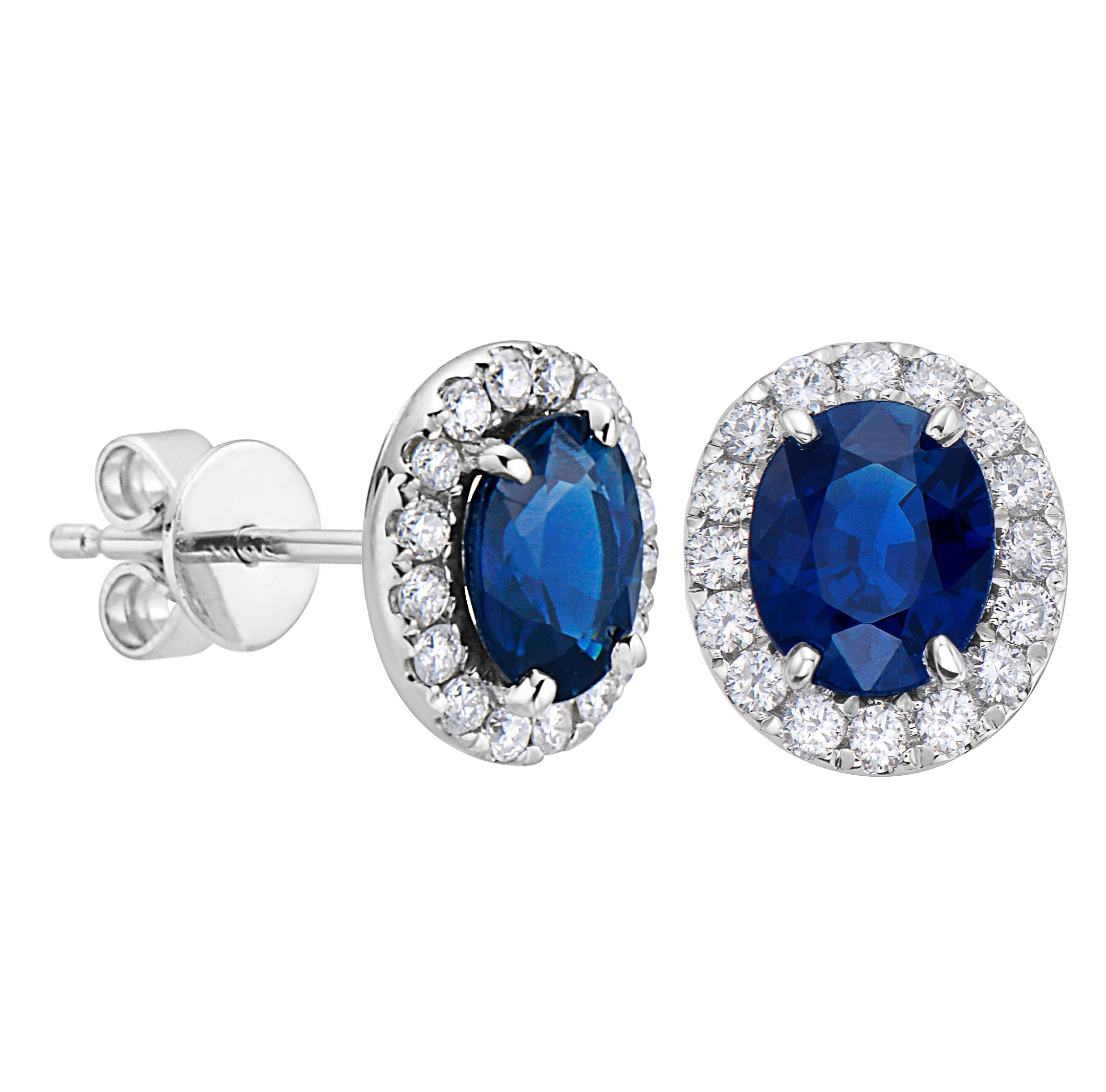 14K White Gold Oval Sapphire with Diamond Halo Studs, 1.57ct