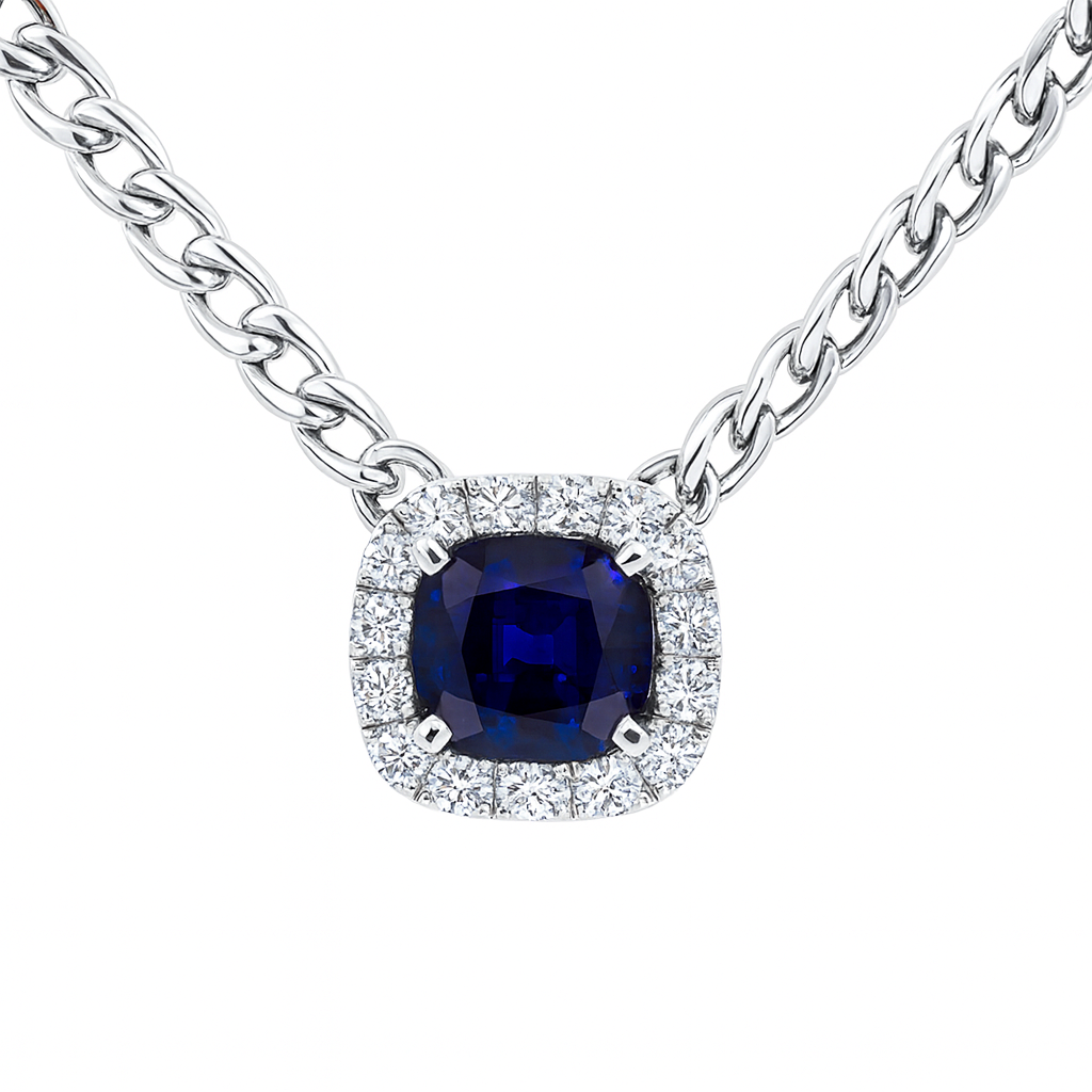 Handmade 14K White Gold Blue Sapphire Necklace, 1.74ct