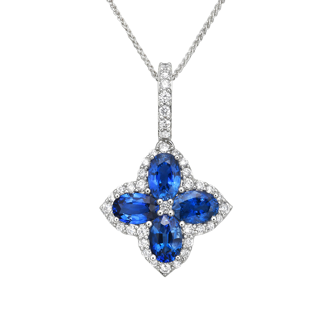 14K White Gold Diamond Clover and Sapphire Pendant