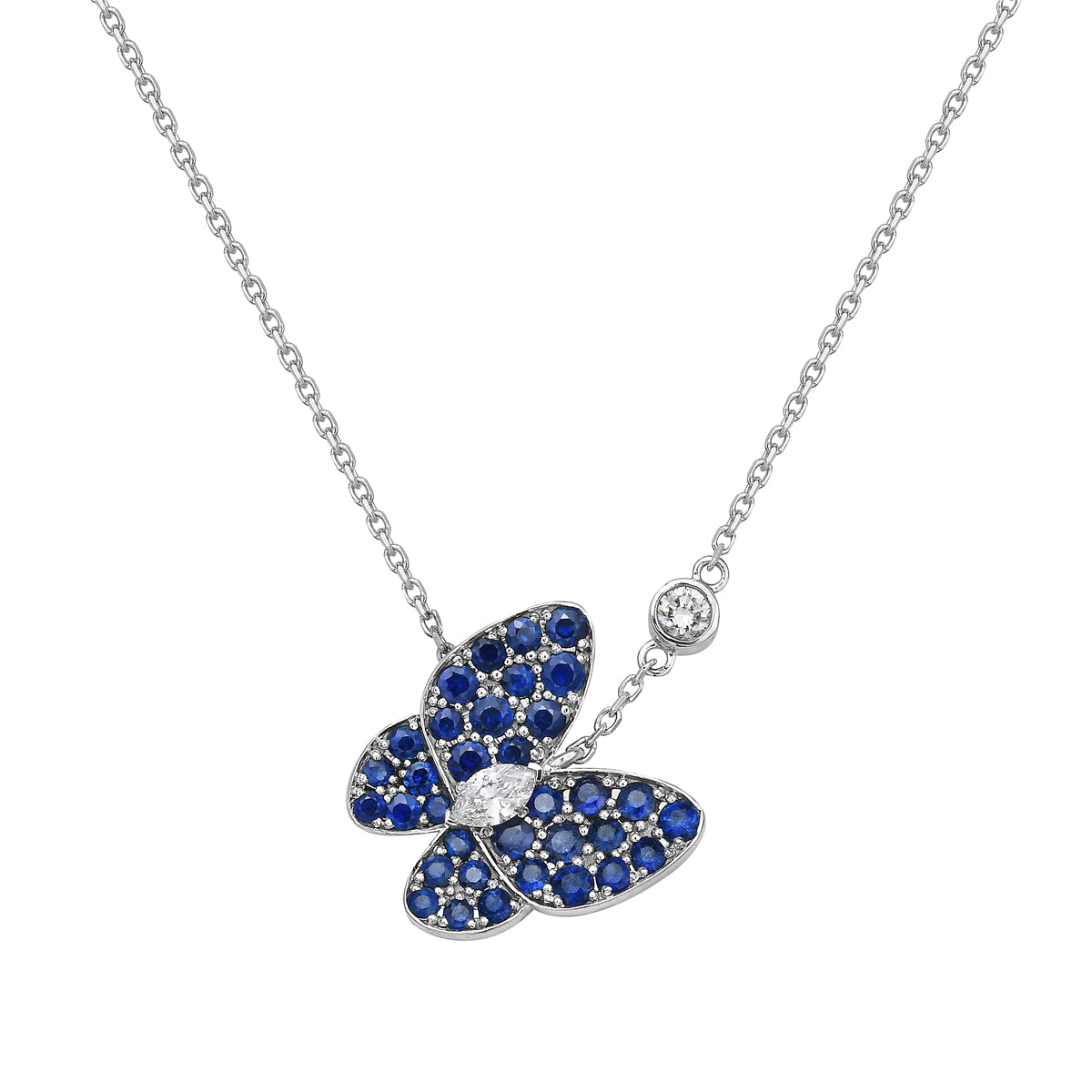 14K White Gold Diamond and Sapphire Butterfly Pendant