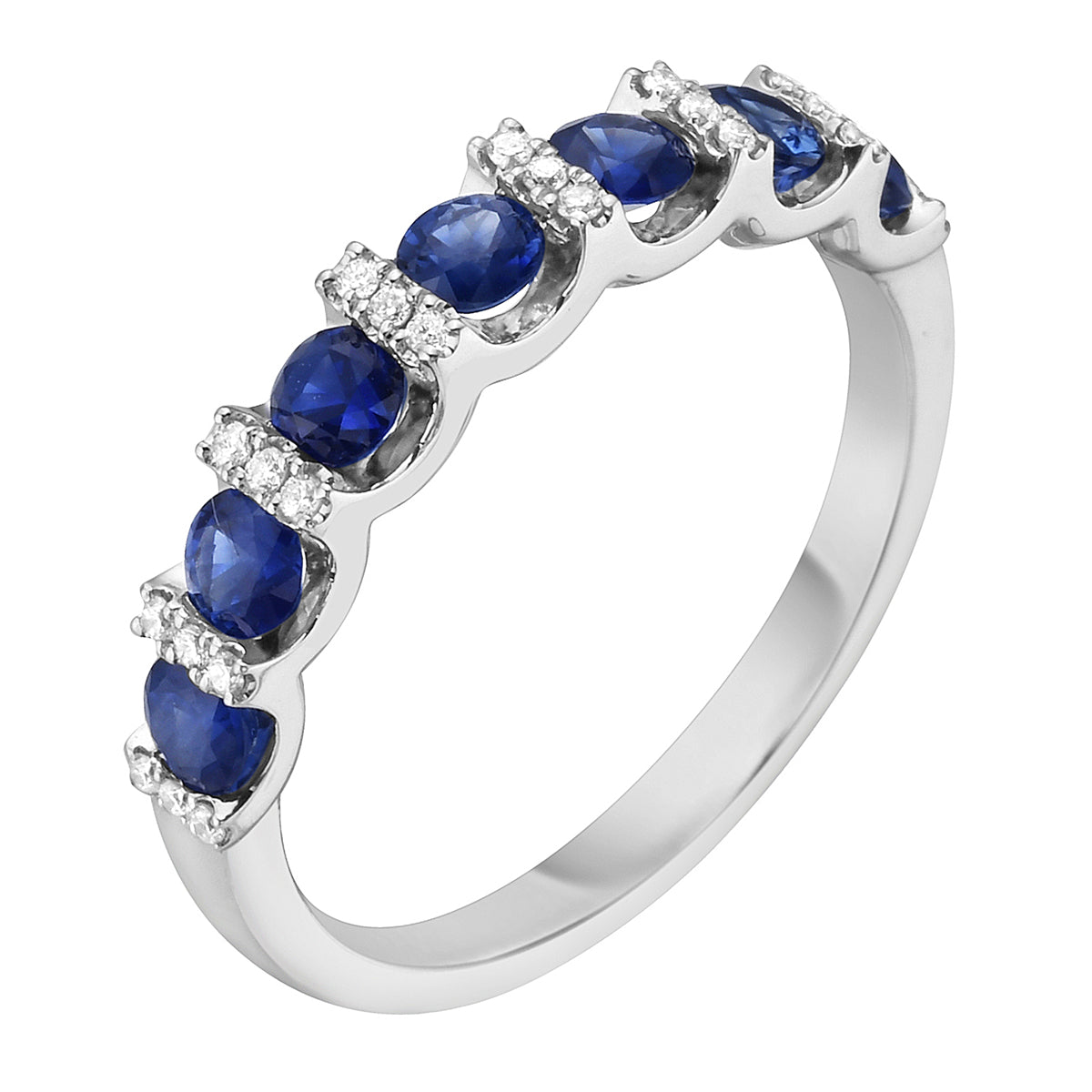 14K White Gold Sapphire with Diamond Row Band, 0.9ct
